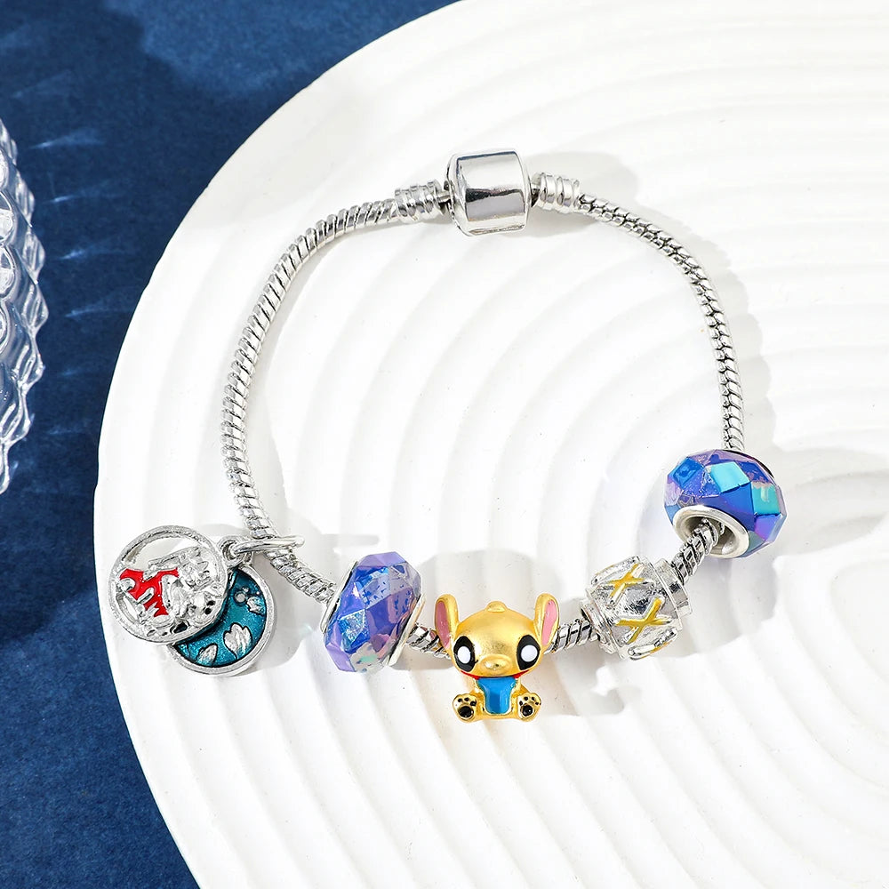 Disney Beaded Bracelet Lilo And Stitch Cartoon Cute Metal Charms Bangle DIY Beads Chain Jewelry Gifts Accessories For Women Kids