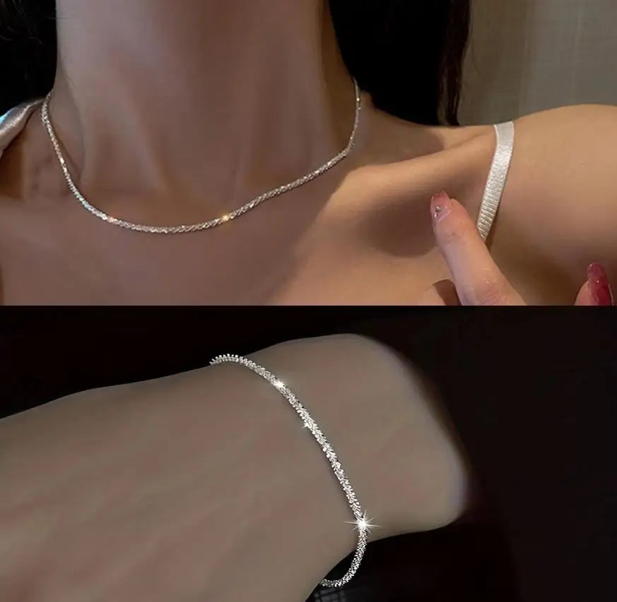 2pcs Set Shiny Sparkling Silver Plated Clavicle Chain Necklace Bracelet Jewelry Set for Women Minimalist Starry Sky Accessories