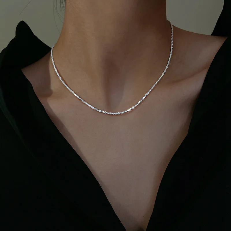 2pcs Set Shiny Sparkling Silver Plated Clavicle Chain Necklace Bracelet Jewelry Set for Women Minimalist Starry Sky Accessories