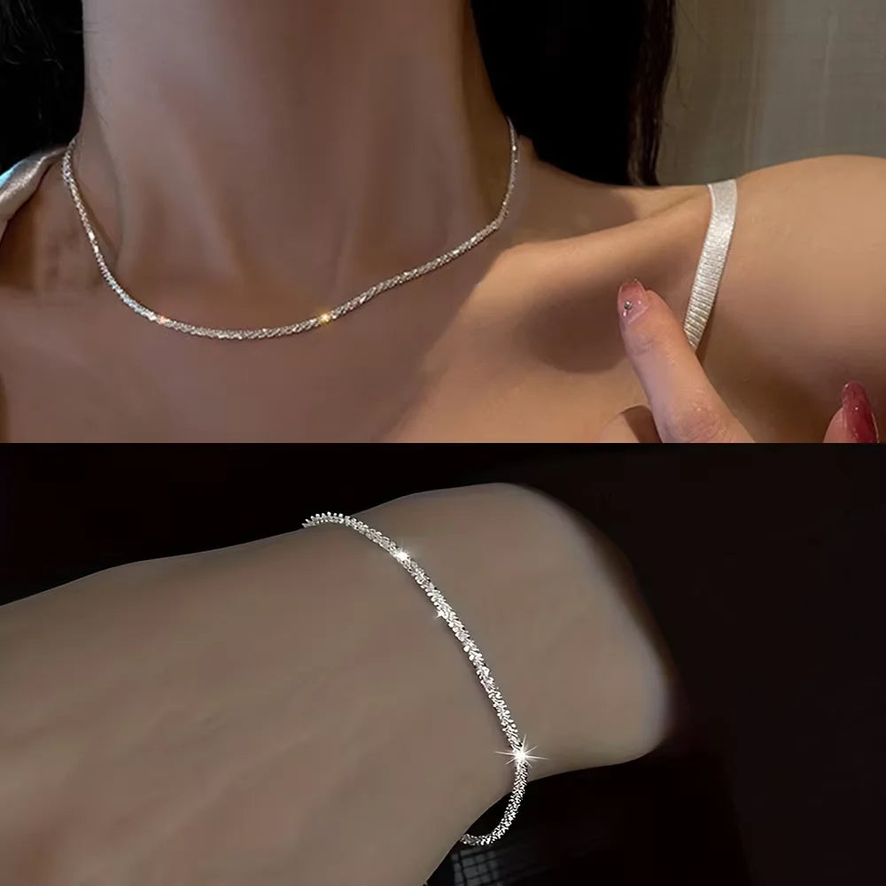 2pcs Set Shiny Sparkling Silver Plated Clavicle Chain Necklace Bracelet Jewelry Set for Women Minimalist Starry Sky Accessories
