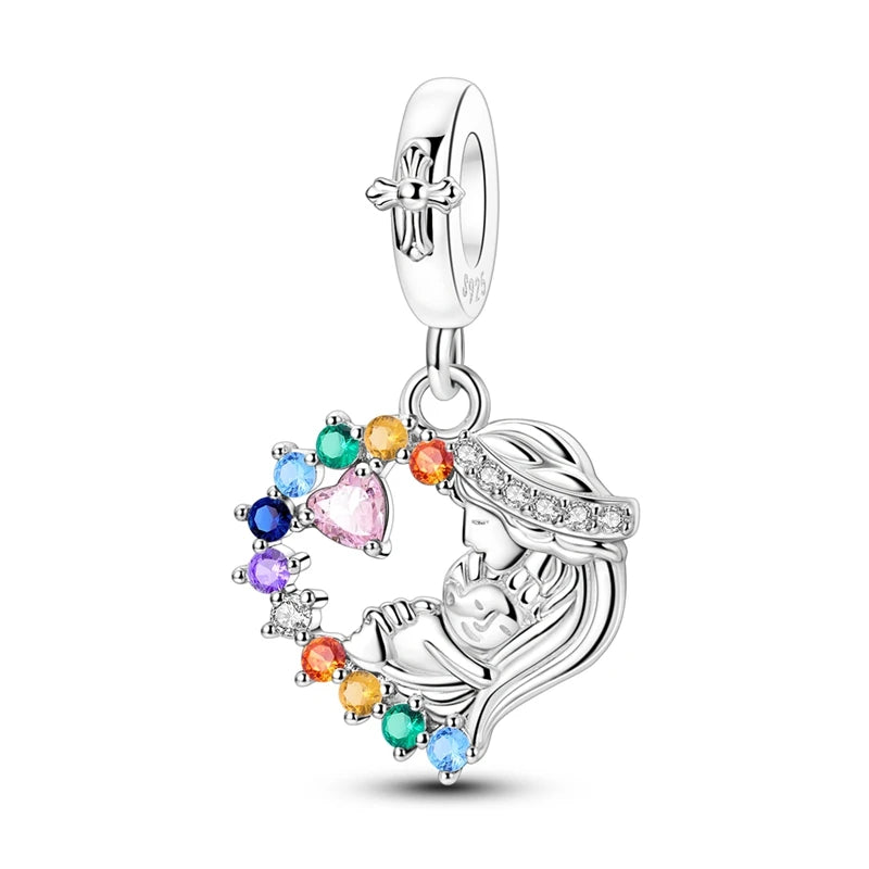 925 Sterling Silver Classic Mom and Daughter Heart Shaped Charms Pendants Fit Pandach Original Bracelet DIY Mother's Day Jewelry