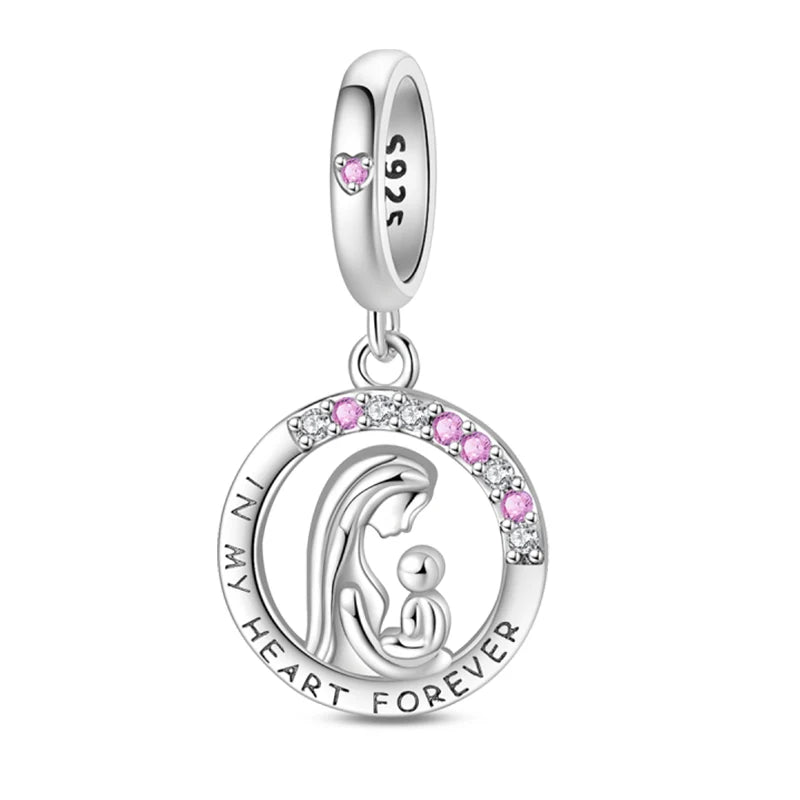 925 Sterling Silver Classic Mom and Daughter Heart Shaped Charms Pendants Fit Pandach Original Bracelet DIY Mother's Day Jewelry