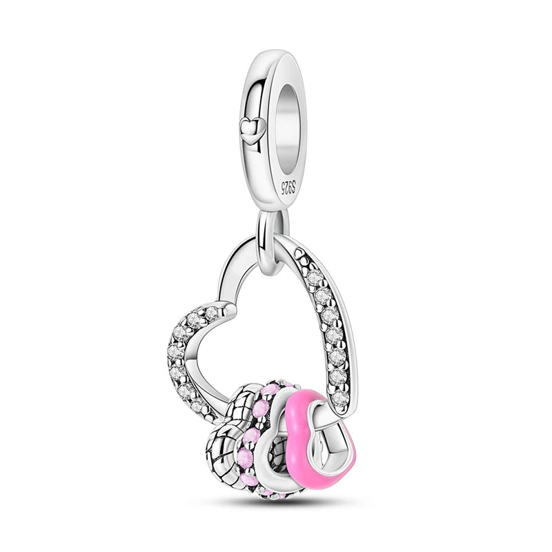 925 Sterling Silver Classic Mom and Daughter Heart Shaped Charms Pendants Fit Pandach Original Bracelet DIY Mother's Day Jewelry