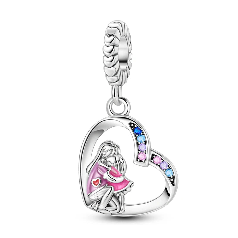 925 Sterling Silver Classic Mom and Daughter Heart Shaped Charms Pendants Fit Pandach Original Bracelet DIY Mother's Day Jewelry