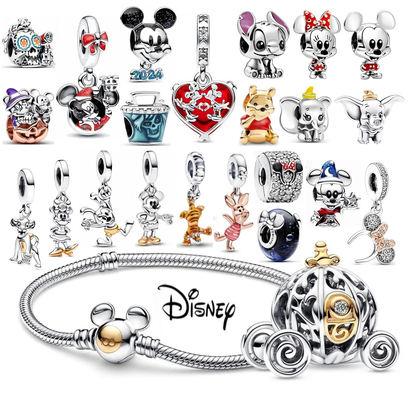 Disney 100th Anniversary Mickey Mouse Princess Pumpkin Car Beads Fit Original Pandora Bracelet Women's Bracelet DIY Jewelry