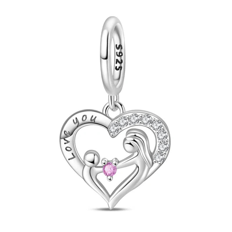 925 Sterling Silver Classic Mom and Daughter Heart Shaped Charms Pendants Fit Pandach Original Bracelet DIY Mother's Day Jewelry