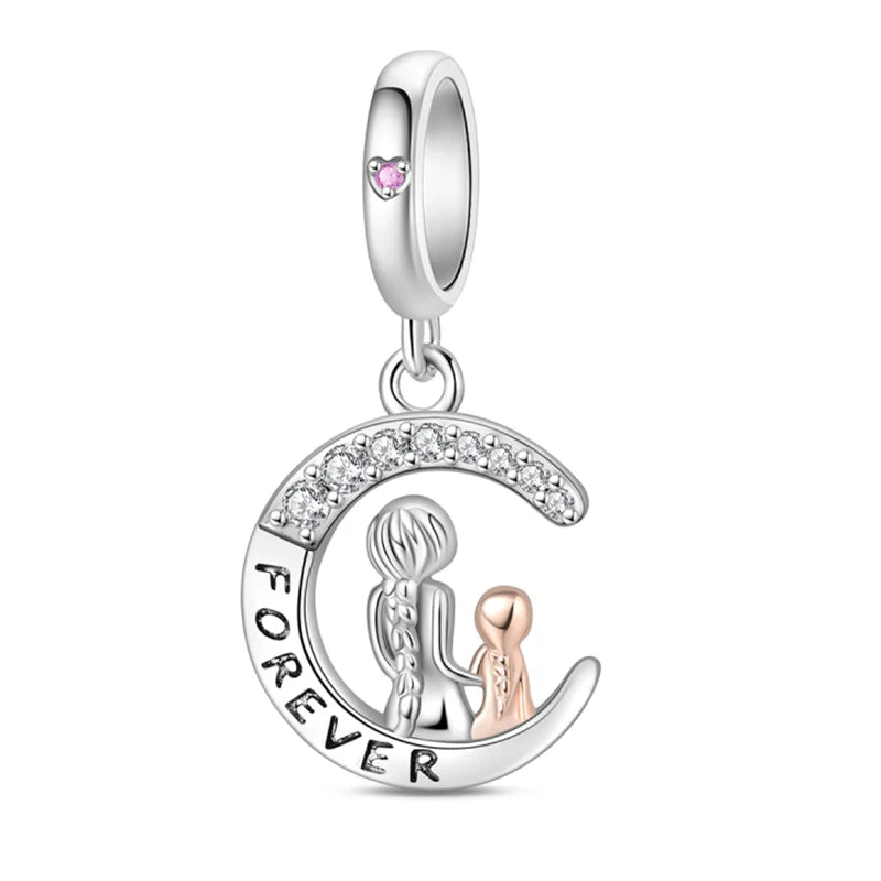 925 Sterling Silver Classic Mom and Daughter Heart Shaped Charms Pendants Fit Pandach Original Bracelet DIY Mother's Day Jewelry
