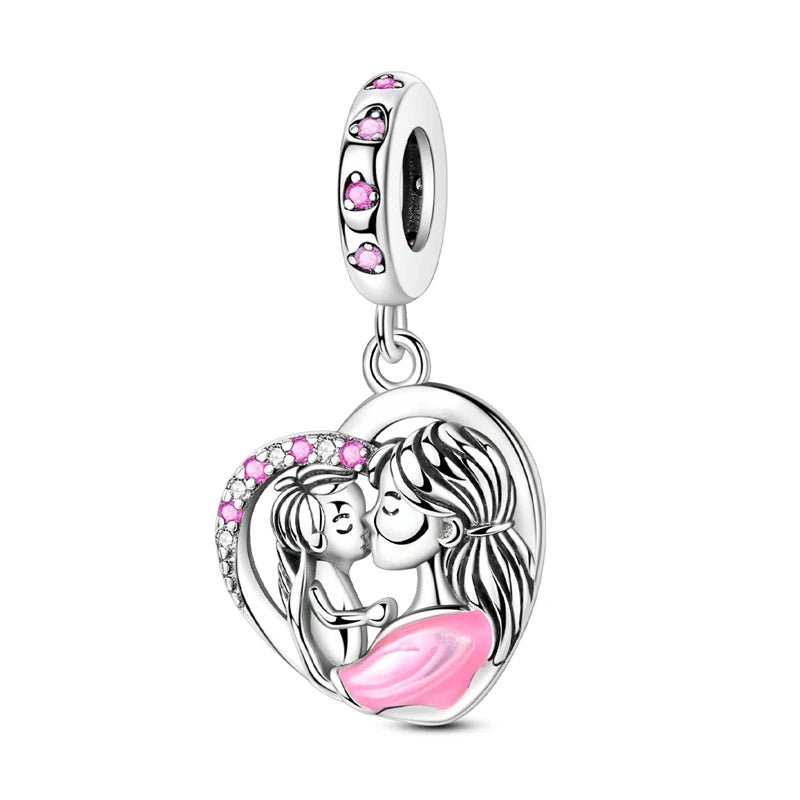 925 Sterling Silver Classic Mom and Daughter Heart Shaped Charms Pendants Fit Pandach Original Bracelet DIY Mother's Day Jewelry