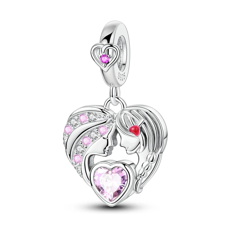 925 Sterling Silver Classic Mom and Daughter Heart Shaped Charms Pendants Fit Pandach Original Bracelet DIY Mother's Day Jewelry
