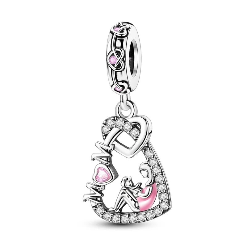 925 Sterling Silver Classic Mom and Daughter Heart Shaped Charms Pendants Fit Pandach Original Bracelet DIY Mother's Day Jewelry