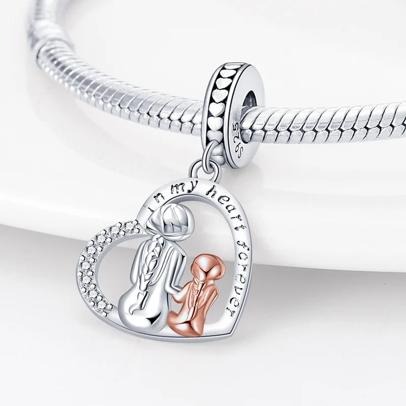 925 Sterling Silver Classic Mom and Daughter Heart Shaped Charms Pendants Fit Pandach Original Bracelet DIY Mother's Day Jewelry